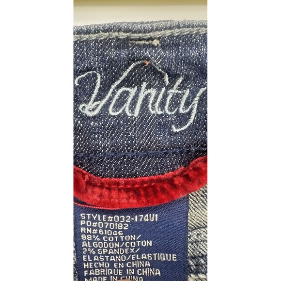 Vanity Pants Women 27/31 Blue Denim Jean Flared Embroidered Med Wash Low Rise - Picture 10 of 16